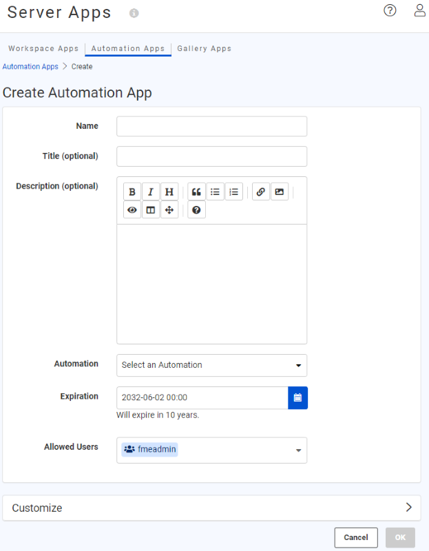 Server Apps - Create Automation App page